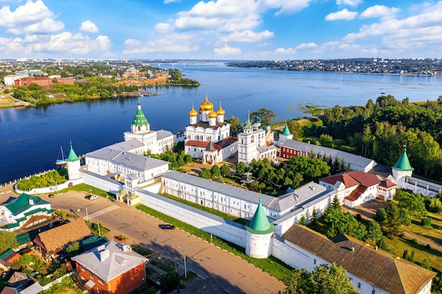 Aerial drone view of the Orthodox Holy Trinity Ipatievsky monastery during summer with Volga river in Kostroma, Russia.