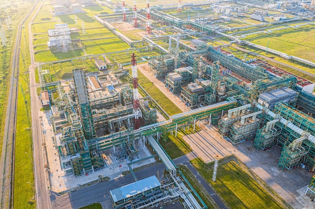 Aerial drone view of petrol industrial zone or oil refinery in Yaroslavl, Russia during sunset time.