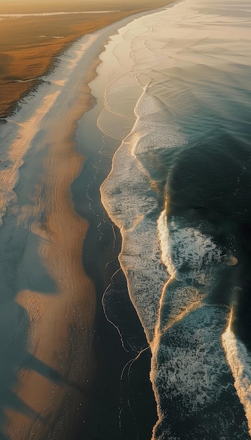 Photo aerial drone view of pristine beach at sunrise showing gentle waves and serene landscape for poster design