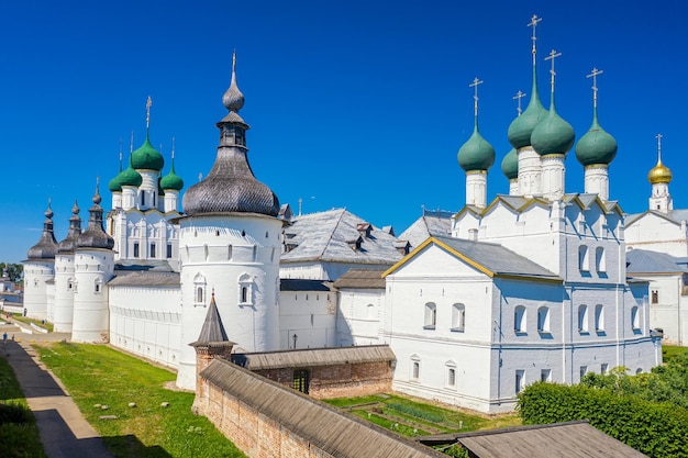 Aerial drone view of Rostov Kremlin near Nero lake in Rostov the Great city in summer, Russia. Golden ring of Russia