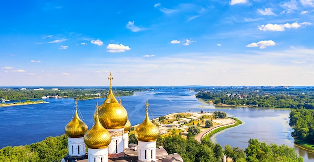 Aerial drone view of Strelka park and Assumption Cathedral in summer Yaroslavl city touristic Golden Ring in Russia