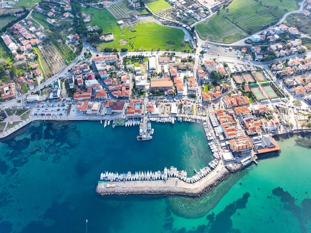 Aerial drone view of Urla district of Izmir, Turkey's third largest city. Iskele - Urla - Turkey