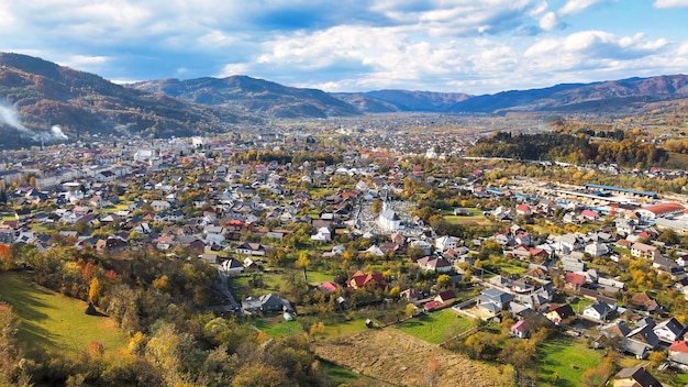 Aerial drone view of Viseu de Sus at sunset, Romania