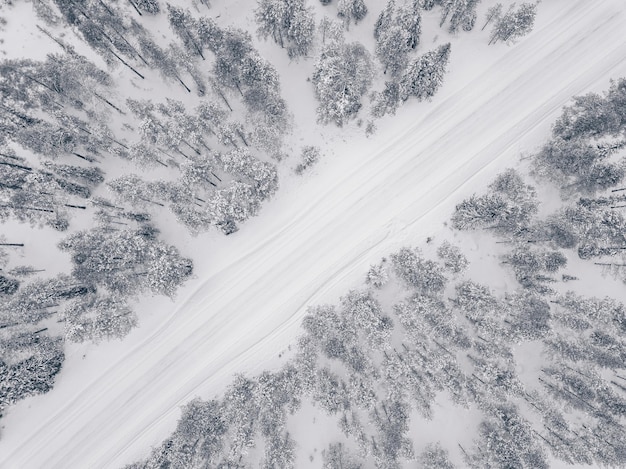 Aerial drone view of winter forest and road covered with snow Birds eye view