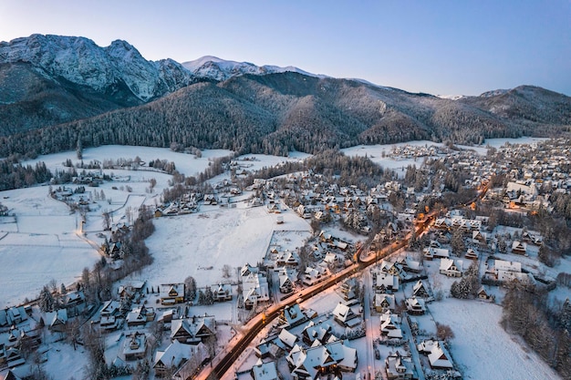 Aerial Drone View at Zakopane Poland and Giewont in Winter at Sunrise