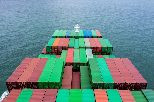 Aerial front view container ship carrying cargo container import export international