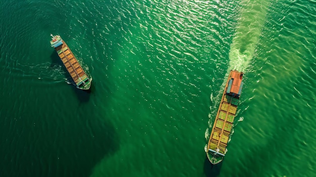 Aerial Front View Container Ship and Tugboat