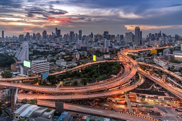 Aerial High angel view of Bangkok downtown highway with skyscraper building