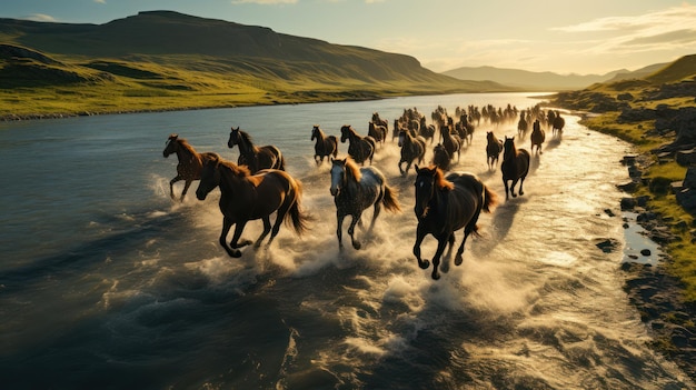 Aerial of Icelandic horses running in the countryside