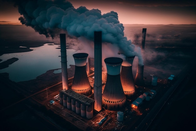 Aerial image of high pipes from a coal power station at dusk showing black smoke rising up and contaminating the sky Generative AI