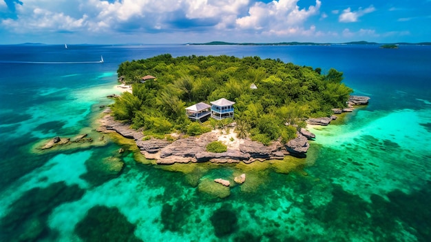 An aerial image of a secluded luxurious villa on a private island offering a serene and exclusive summer getaway