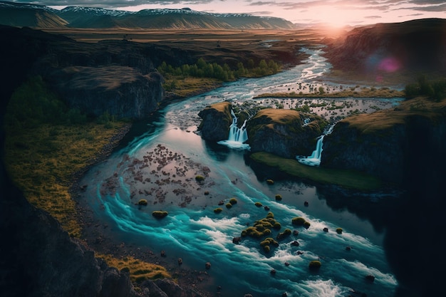 Aerial image of the Skjalfandafljot river in Iceland in the morning Beautiful summer