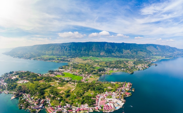 Aerial: lake Toba and Samosir Island view from above Sumatra Indonesia.