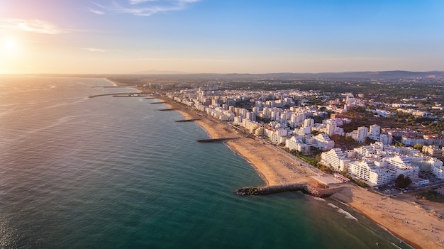 Aerial. Landscape from the sky of the beaches of the Algarve Quarteira Vilamoura.