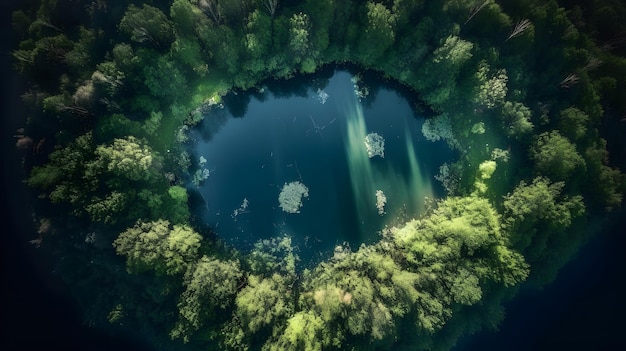 Aerial landscape of a lake in the middle of a forest Mother nature Generative ai