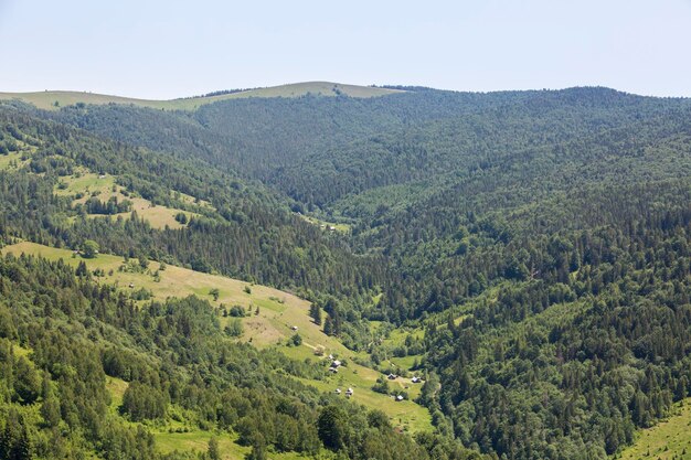 Aerial landscape of old mountain village between green pines and small meadows