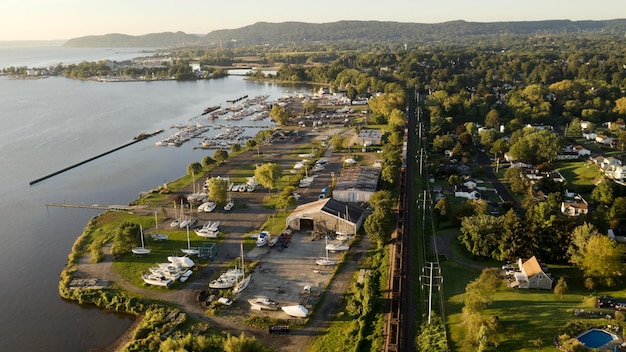 Aerial landscape shot upstate over Verplanck