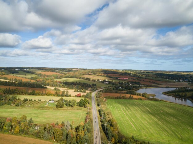 Aerial landscape view of Farm Fields during a sunny day