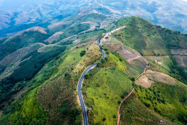 Aerial landscape view road over top of mountains at chiang rai Thailand