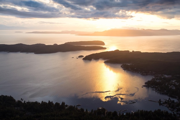 Aerial landscape view of Sunshine Coast during a vibrant sunset