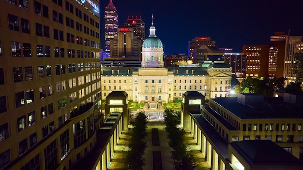 Aerial Night View of Indianapolis Courthouse and Skyscrapers