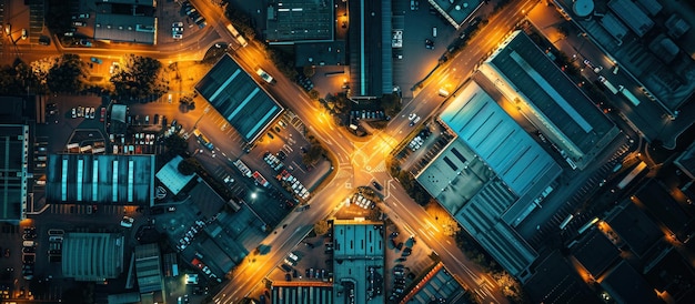 Aerial night view of an industrial area of a large Italian city with warehouses offices and building