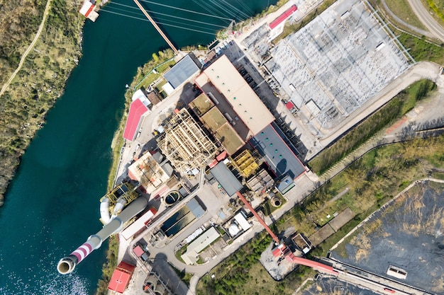 Aerial panorama of industrial area with chimneys of thermal power plant or station