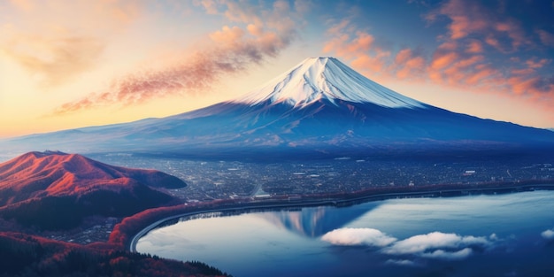 Aerial Panorama Landscape of Fuji Mountain Iconic and Symbolic Mountain of Japan Scenic Sunset Landscape of Fujisan at Evening Time Kawaguchiko Yamanashi Japan