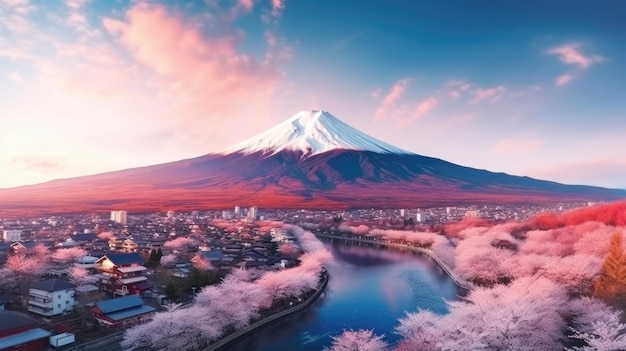 Aerial Panorama Landscape of Fuji Mountain Iconic and Symbolic Mountain of Japan Scenic Sunset Landscape of Fujisan at Evening Time Kawaguchiko Yamanashi Japan