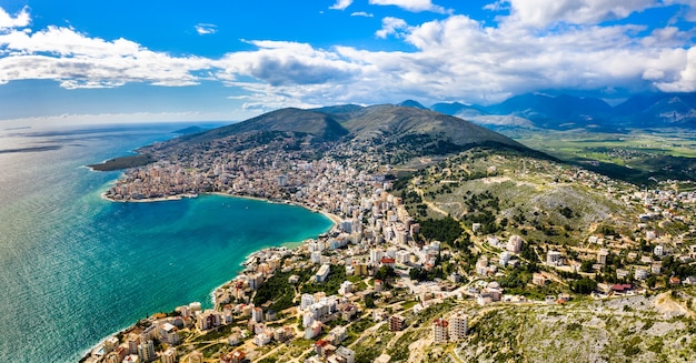 Aerial panorama of Saranda with Lekuresi Castle in South Albania