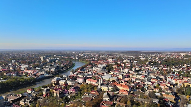 Aerial panorama view of the historic city uzhhorod located in transcarpathia old buildings