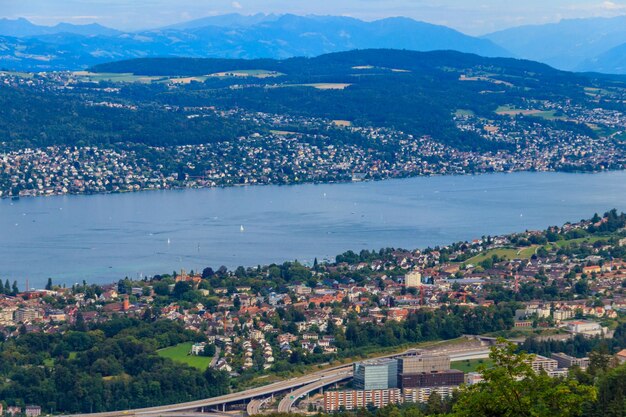 Aerial panorama of Zurich city and Lake Zurich from the Uetliberg mountain Switzerland