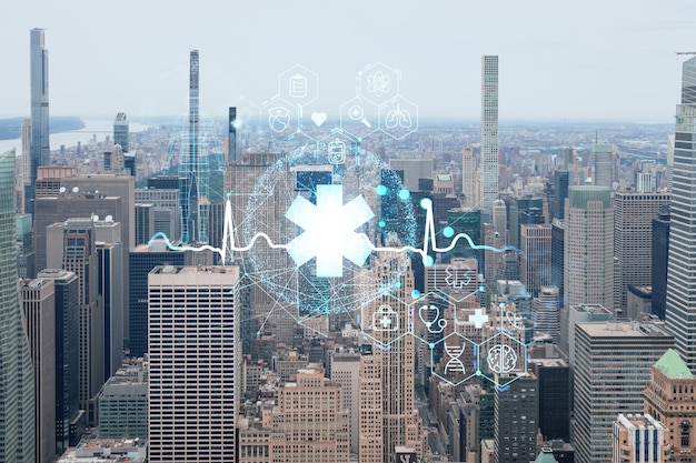 Aerial panoramic city view of Upper Manhattan and Central Park New York city USA Iconic skyscrapers of NYC Health care digital medicine hologram The concept of treatment and disease prevention