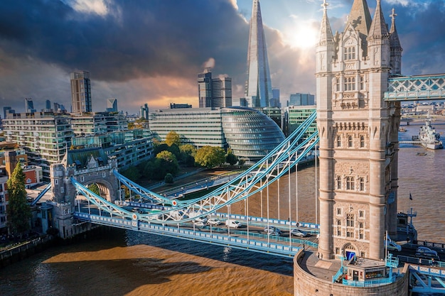 Aerial panoramic cityscape view of the London Tower Bridge and the River Thames, England, United Kingdom. Beautiful Tower bridge in London.