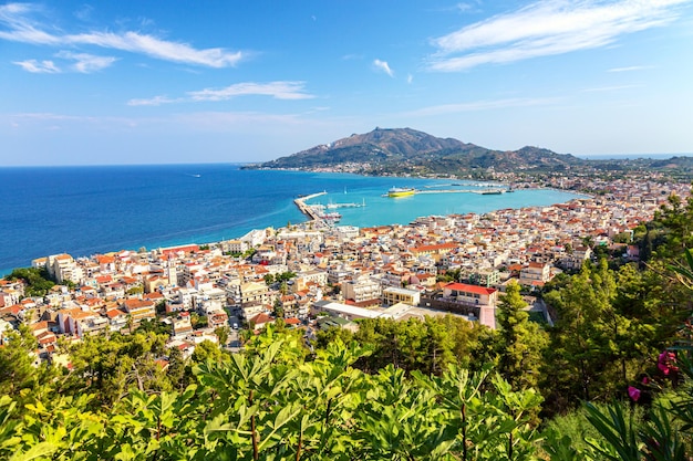 Aerial panoramic cityscape view of Zakynthos city capital of the island Zakynthos in the Ionian sea in Greece Summer sunny day