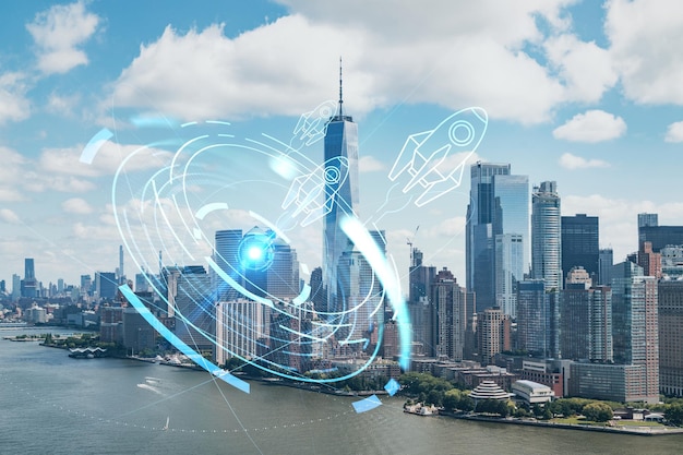 Aerial panoramic helicopter city view of Lower Manhattan and Downtown financial district New York USA Startup company launch project to seek and develop scalable business model hologram