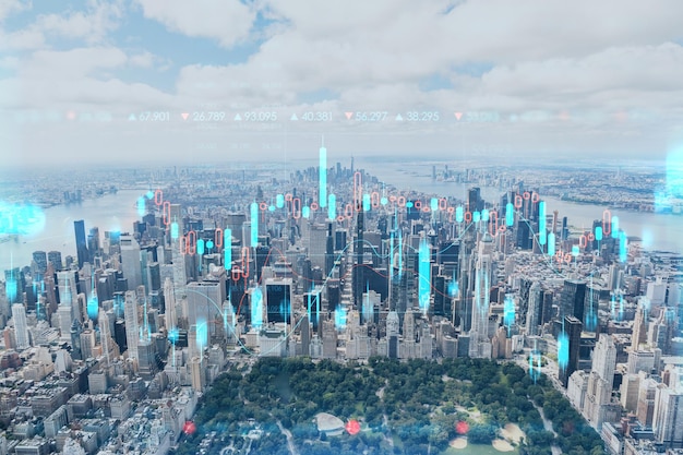 Aerial panoramic helicopter city view of Midtown Manhattan neighborhoods and Central Park New York USA Forex graph hologram The concept of internet trading brokerage and fundamental analysis