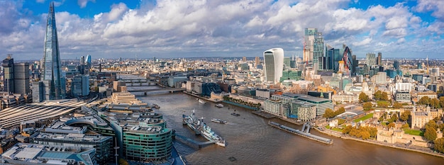 Aerial panoramic scene of the London city financial district with many iconic skyscrapers near river Thames.