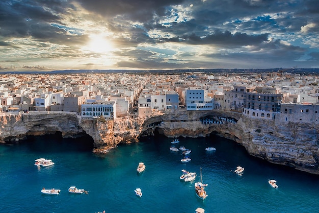 Aerial panoramic sight in Polignano a Mare, Bari Province, Apulia (Puglia), southern Italy.