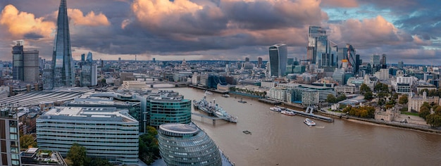 Aerial panoramic sunset view of London Tower Bridge and the River Thames, England, United Kingdom. Beautiful Tower bridge in London.