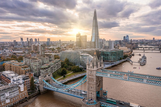 Aerial panoramic sunset view of london tower bridge and the river thames