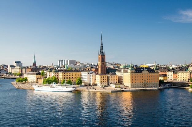 Aerial panoramic top view of Riddarholmen district Stockholm Sweden