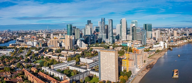 Aerial panoramic view of the Canary Wharf business district in London, UK. Financial district in London.