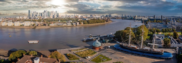 Aerial panoramic view of the canary wharf business district in london uk