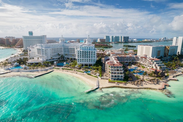 Aerial panoramic view of cancun beach and city hotel zone in mexico caribbean coast landscape of