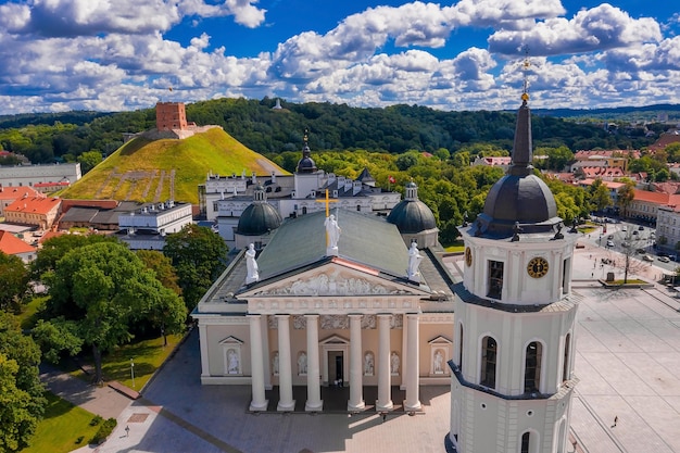 Aerial panoramic view of The Cathedral Square, main square of Vilnius Old Town, a key location in city`s public life, situated as it is at the crossing of the city`s main streets, Vilnius, Lithuania