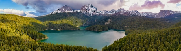 Aerial panoramic view of Crno Jezero (Black lake) in Durmitor national park in Montenegro