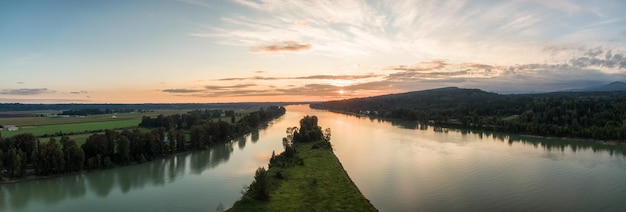 Aerial Panoramic View of Fraser River. Colorful Summer Sunset. East of Vancouver, British Columbia, Canada.