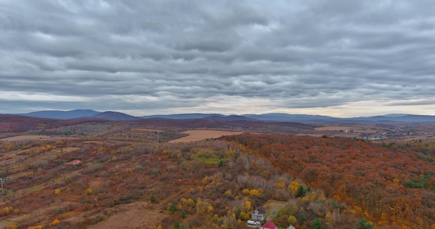 Aerial panoramic view of from above over small mountain village