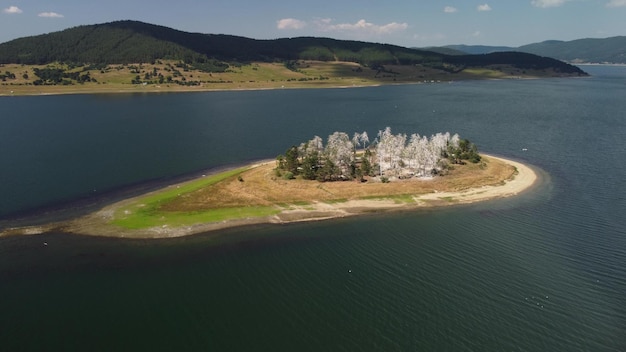 Aerial panoramic view of Island on a Batak Reservoir located in Bulgaria Rhodopa Mountains